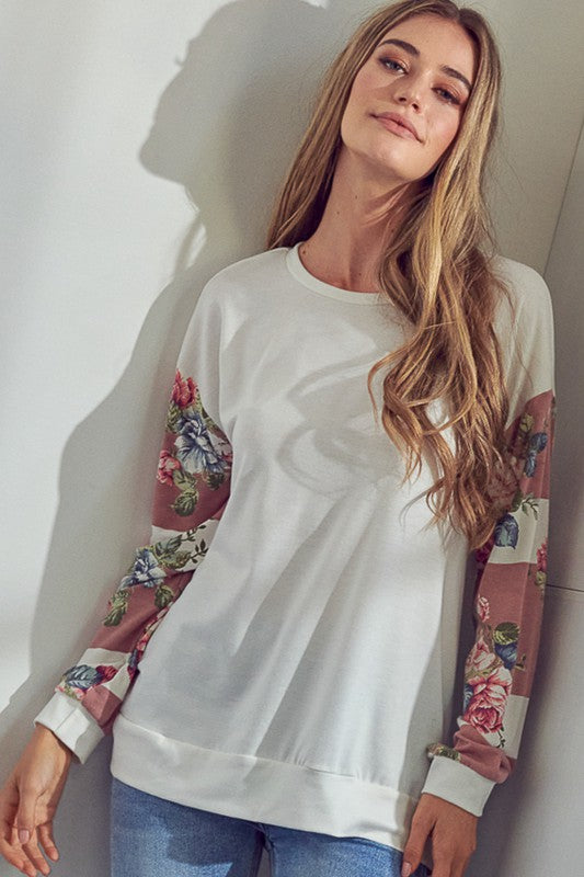 Solid Color Long Sleeve  Floral Mix Sweatshirt