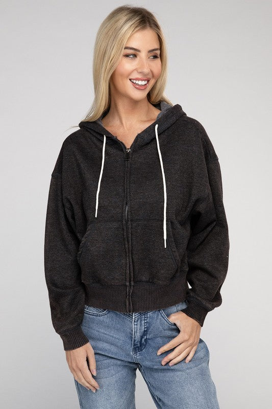 Zenana Brand Acid Wash Fleece Cropped Zip-Up Hoodie