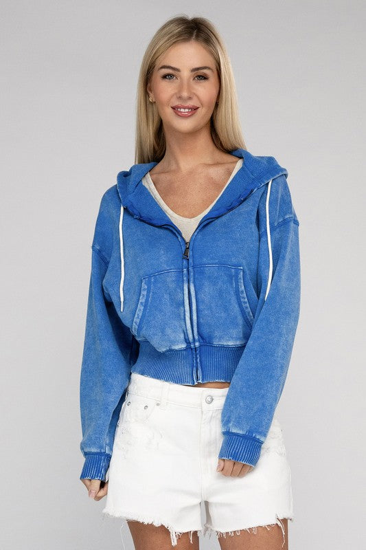 Zenana Brand Acid Wash Fleece Cropped Zip-Up Hoodie