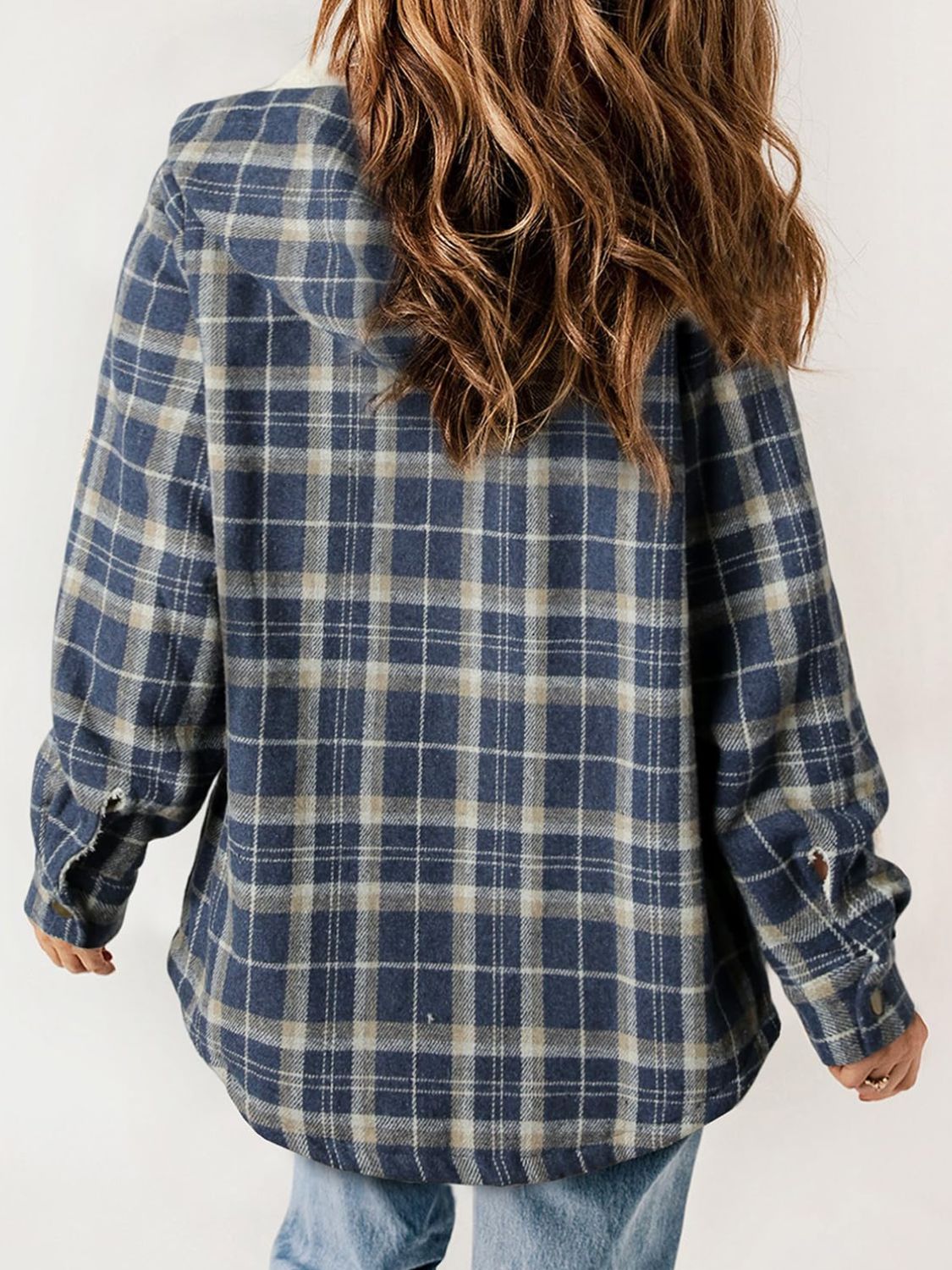 Plaid Snap Down Plush Hooded Jacket