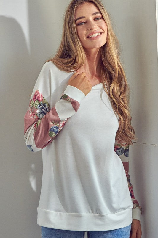 Solid Color Long Sleeve  Floral Mix Sweatshirt