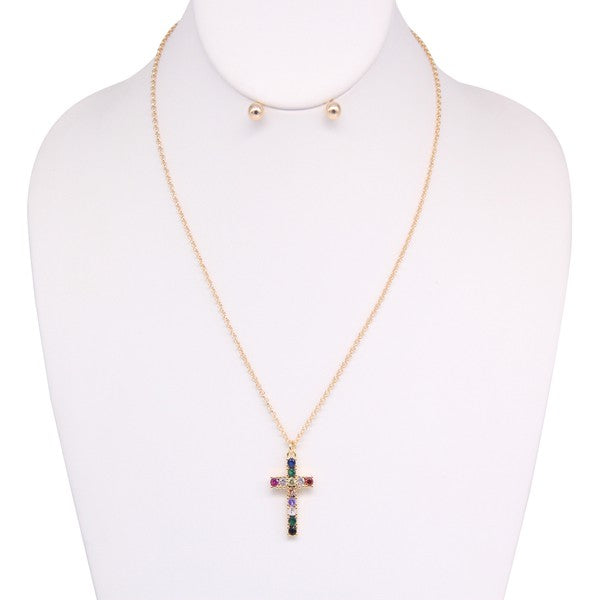 Rhinestone Cross Necklace and Earring Set