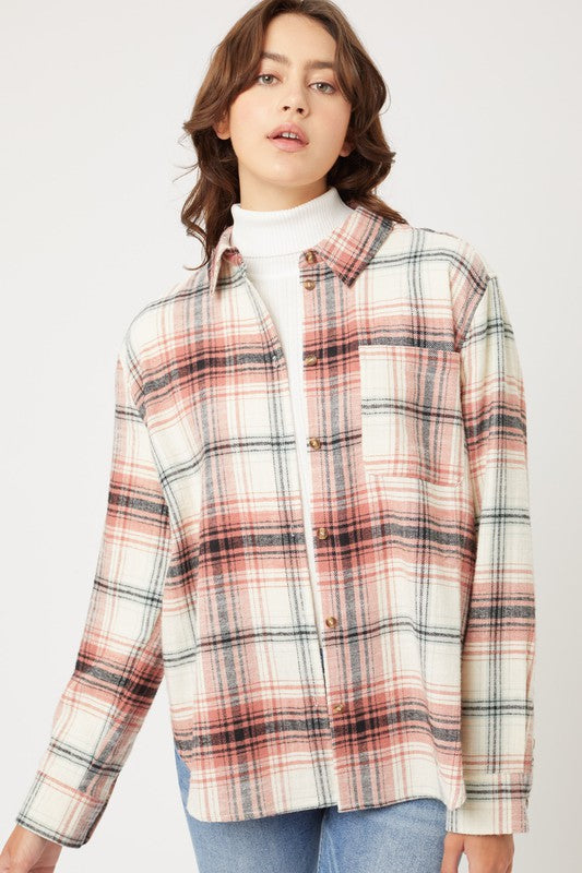 Women's Button Front Plaid Long Sleeve Flannel Shirt Top