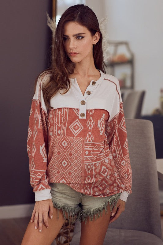 Women's French Terry with Aztec Print Buttoned Henley Top