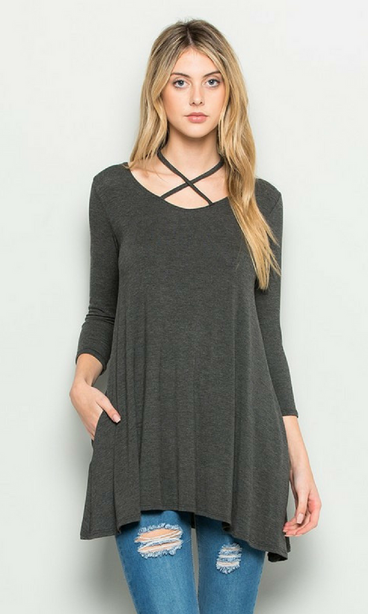 Women's Criss Cross Front 3/4 Length Sleeve Tunic Top