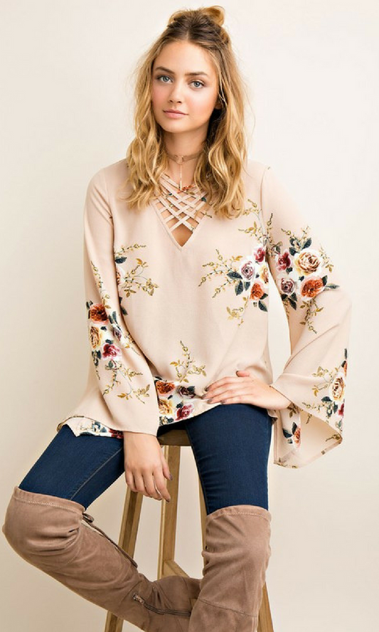 Floral Print A-Line Blouse with Bell Sleeves